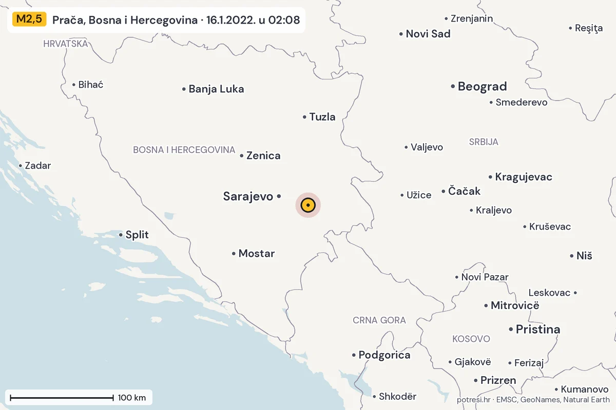Karta: šire područje, 600 km, potres M2,5, Prača, Bosna i Hercegovina, 16.1.2022.