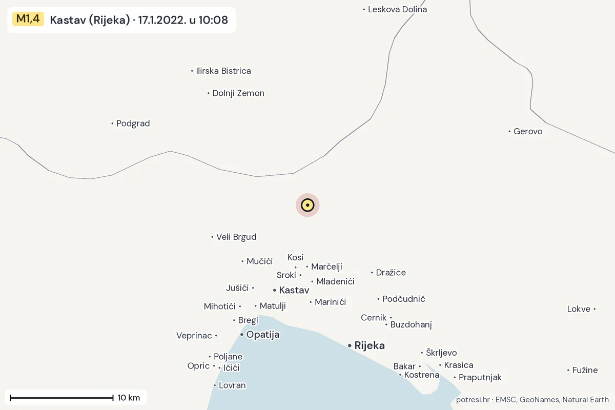 Karta: okolica epicentra, 60 km, potres M1,4, Kastav (Rijeka), 17.1.2022.