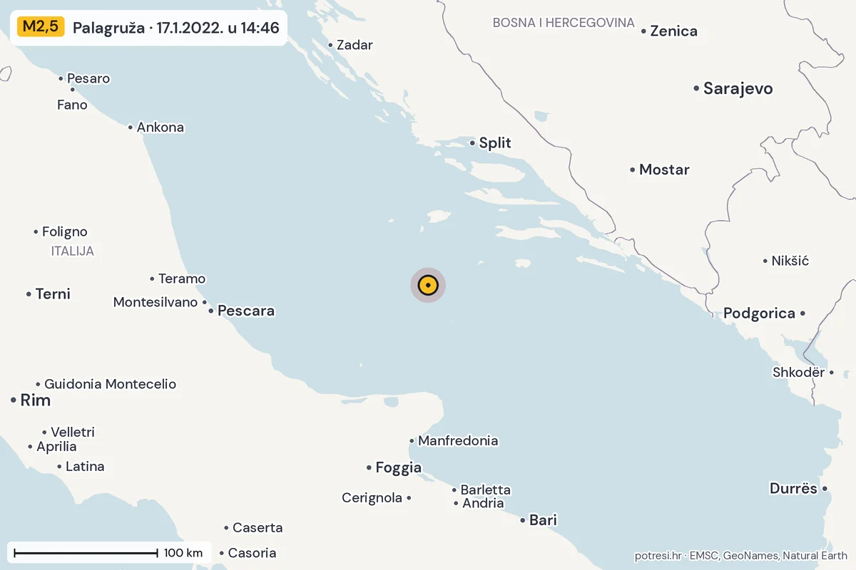 Karta: šire područje, 600 km, potres M2,5, Palagruža, 17.1.2022.