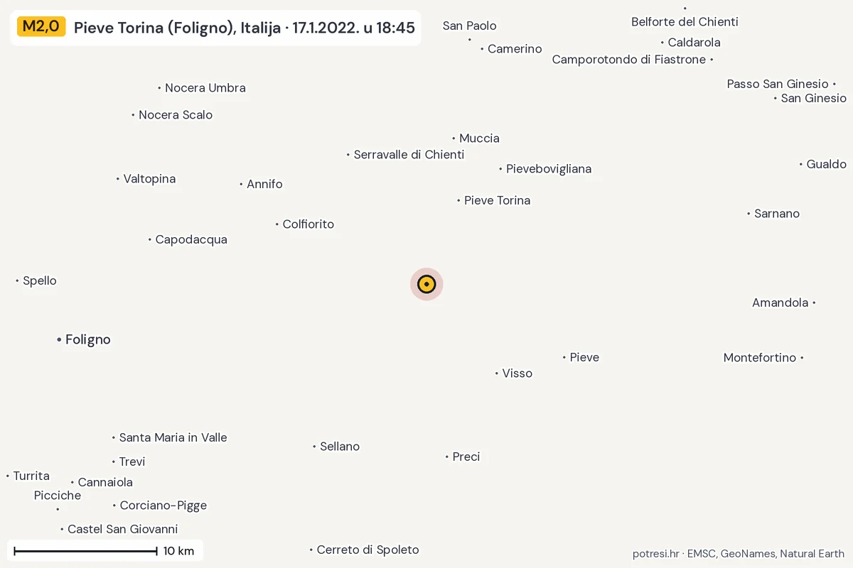 Karta: okolica epicentra, 60 km, potres M2,0, Pieve Torina (Foligno), Italija, 17.1.2022.