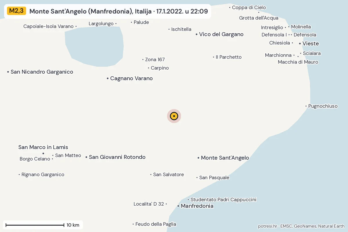 Karta: okolica epicentra, 60 km, potres M2,3, Monte Sant'Angelo (Manfredonia), Italija, 17.1.2022.