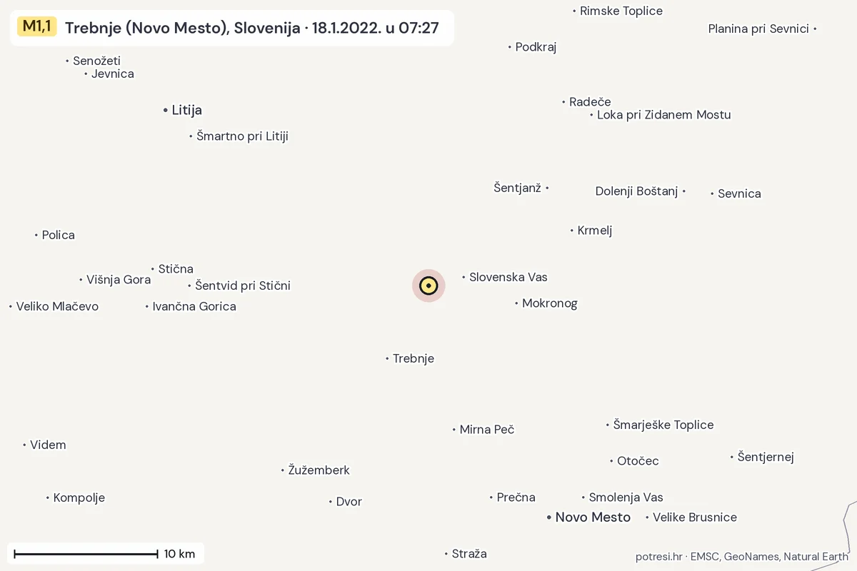 Karta: okolica epicentra, 60 km, potres M1,1, Trebnje (Novo Mesto), Slovenija, 18.1.2022.