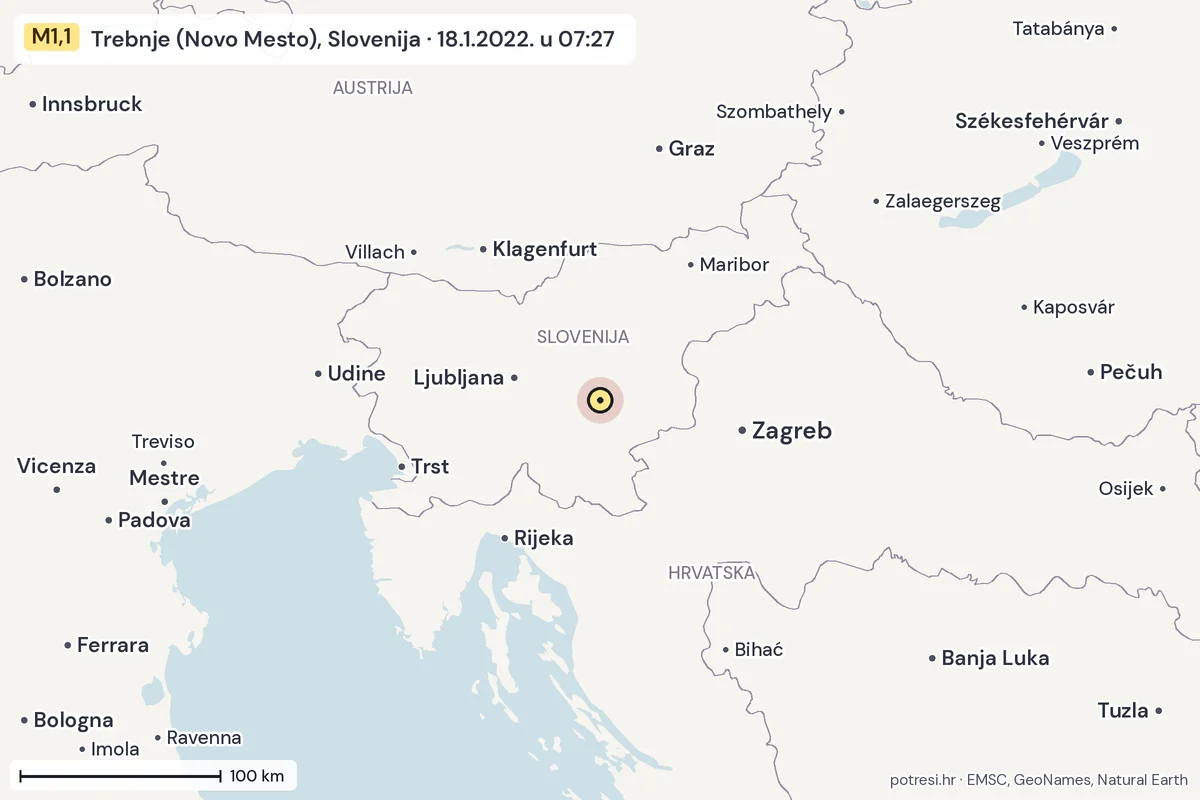 Karta: šire područje, 600 km, potres M1,1, Trebnje (Novo Mesto), Slovenija, 18.1.2022.