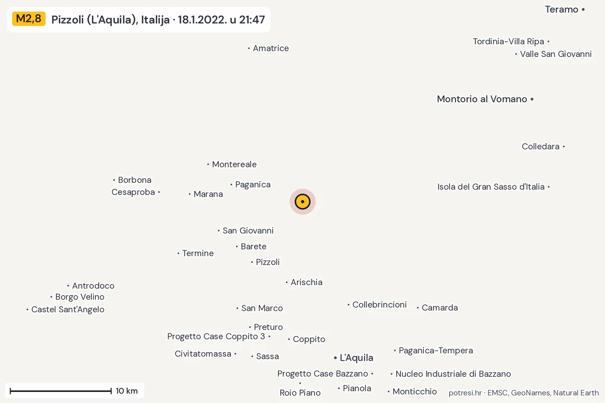 Karta: okolica epicentra, 60 km, potres M2,8, Pizzoli (L'Aquila), Italija, 18.1.2022.