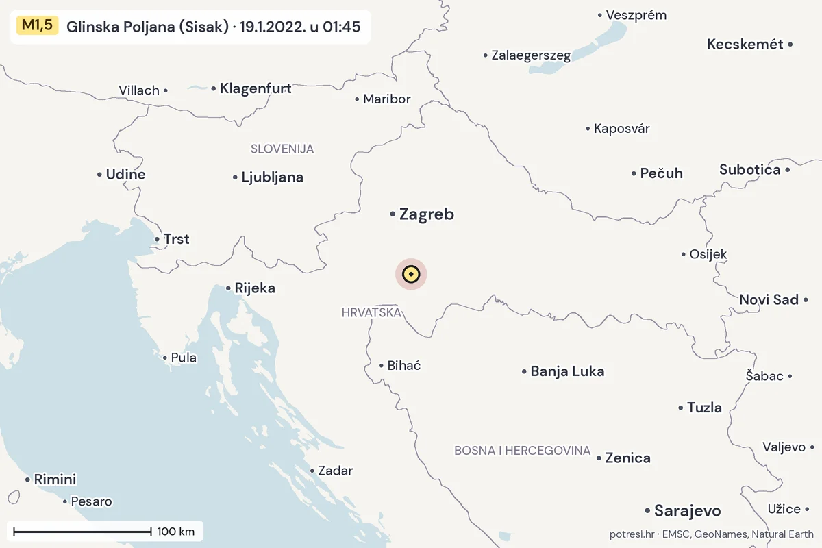 Karta: šire područje, 600 km, potres M1,5, Glinska Poljana (Sisak), 19.1.2022.