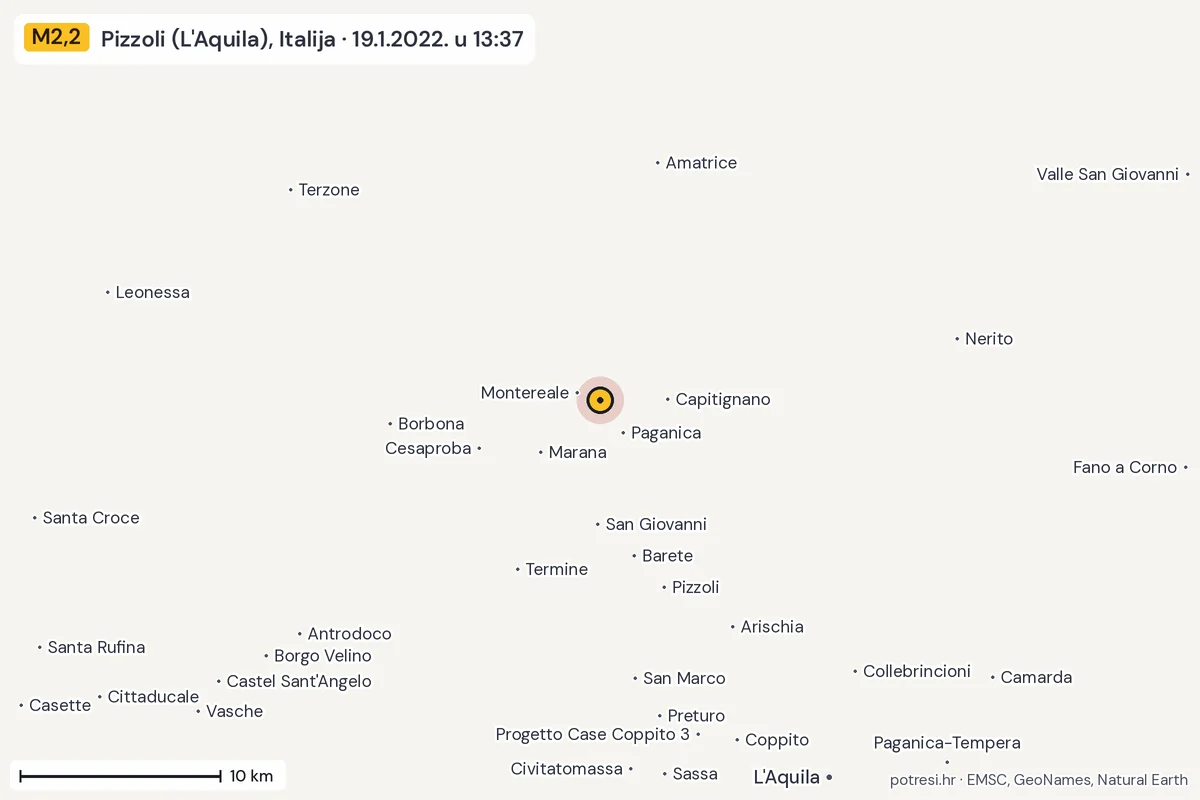 Karta: okolica epicentra, 60 km, potres M2,2, Pizzoli (L'Aquila), Italija, 19.1.2022.