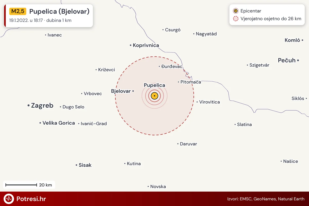 Karta: šire područje i vjerojatni doseg osjeta, potres M2,5, Pupelica (Bjelovar), 19.1.2022.