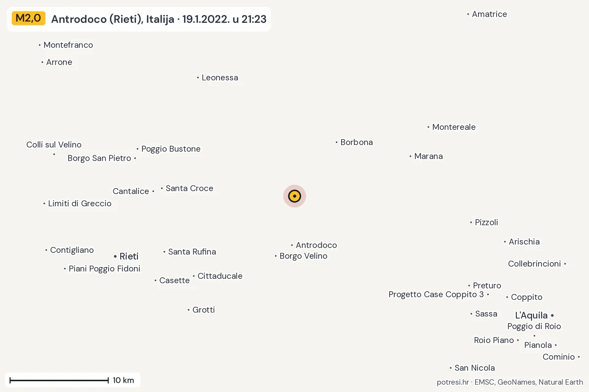 Karta: okolica epicentra, 60 km, potres M2,0, Antrodoco (Rieti), Italija, 19.1.2022.