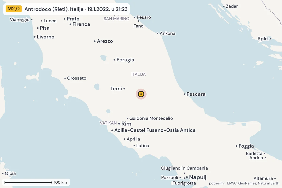 Karta: šire područje, 600 km, potres M2,0, Antrodoco (Rieti), Italija, 19.1.2022.