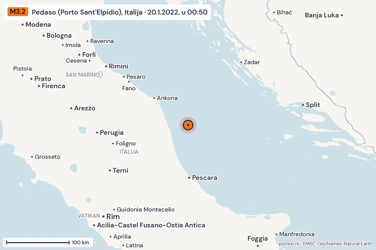 Karta: šire područje, 600 km, potres M3,2, Pedaso (Porto Sant'Elpidio), Italija, 20.1.2022.