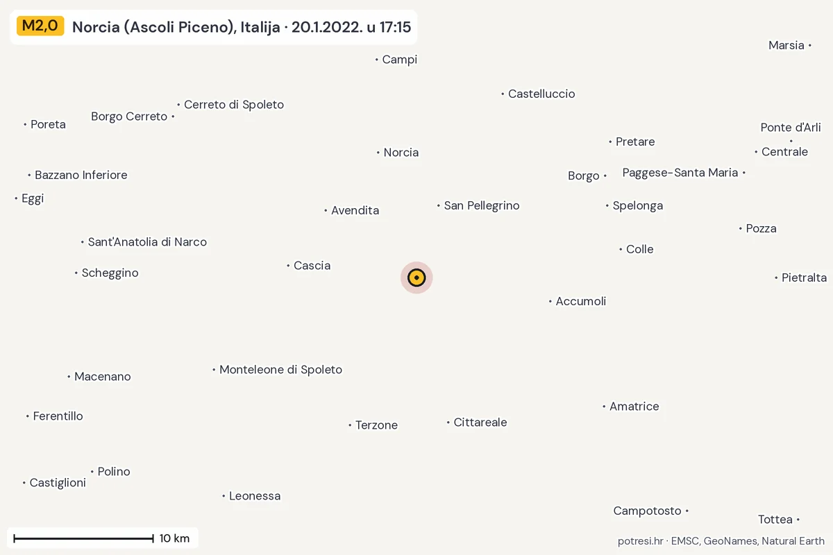 Karta: okolica epicentra, 60 km, potres M2,0, Norcia (Ascoli Piceno), Italija, 20.1.2022.