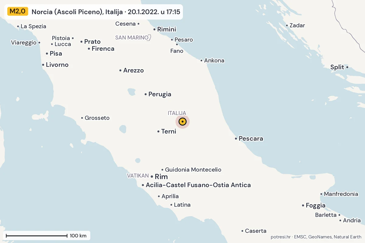 Karta: šire područje, 600 km, potres M2,0, Norcia (Ascoli Piceno), Italija, 20.1.2022.