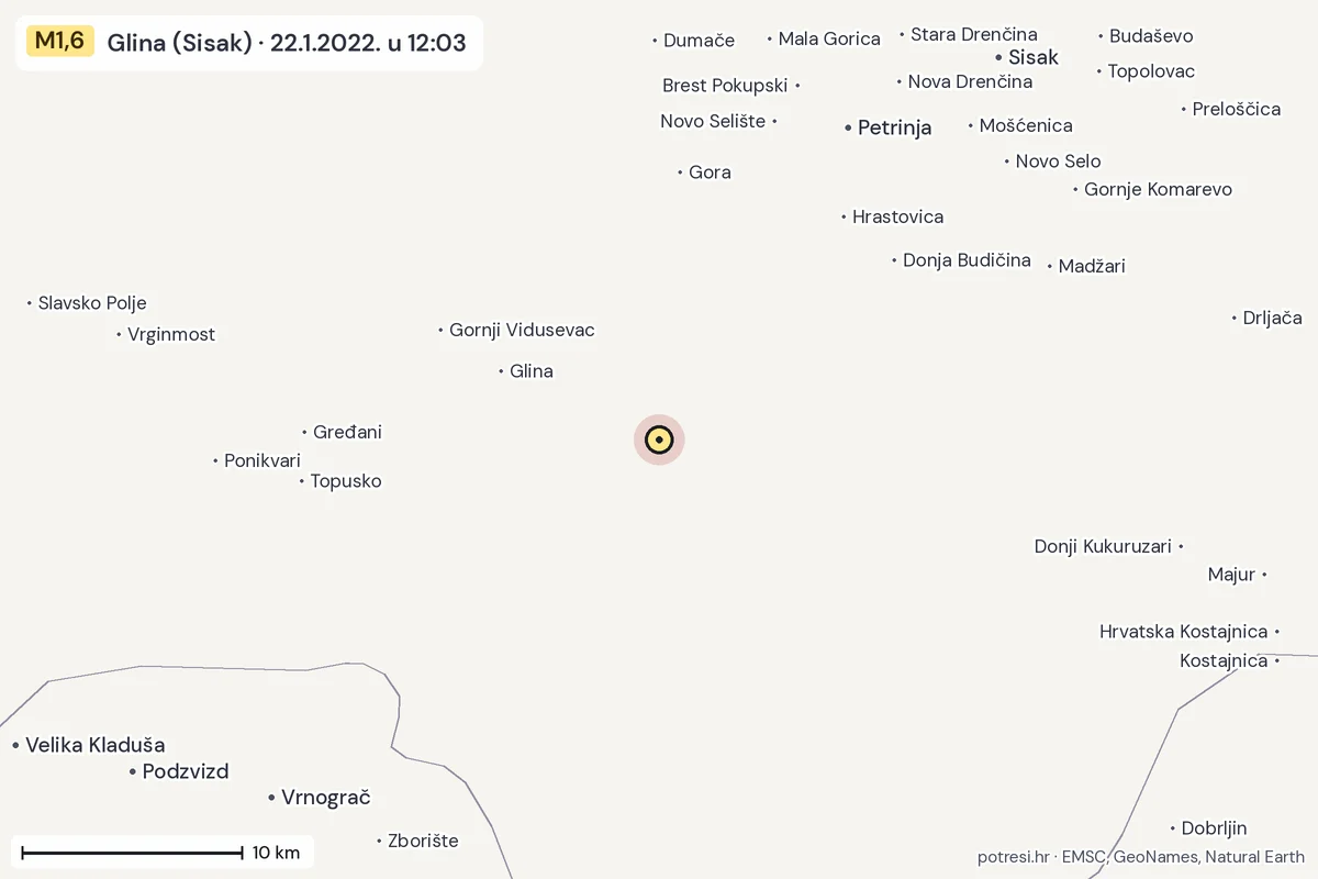 Karta: okolica epicentra, 60 km, potres M1,6, Glina (Sisak), 22.1.2022.