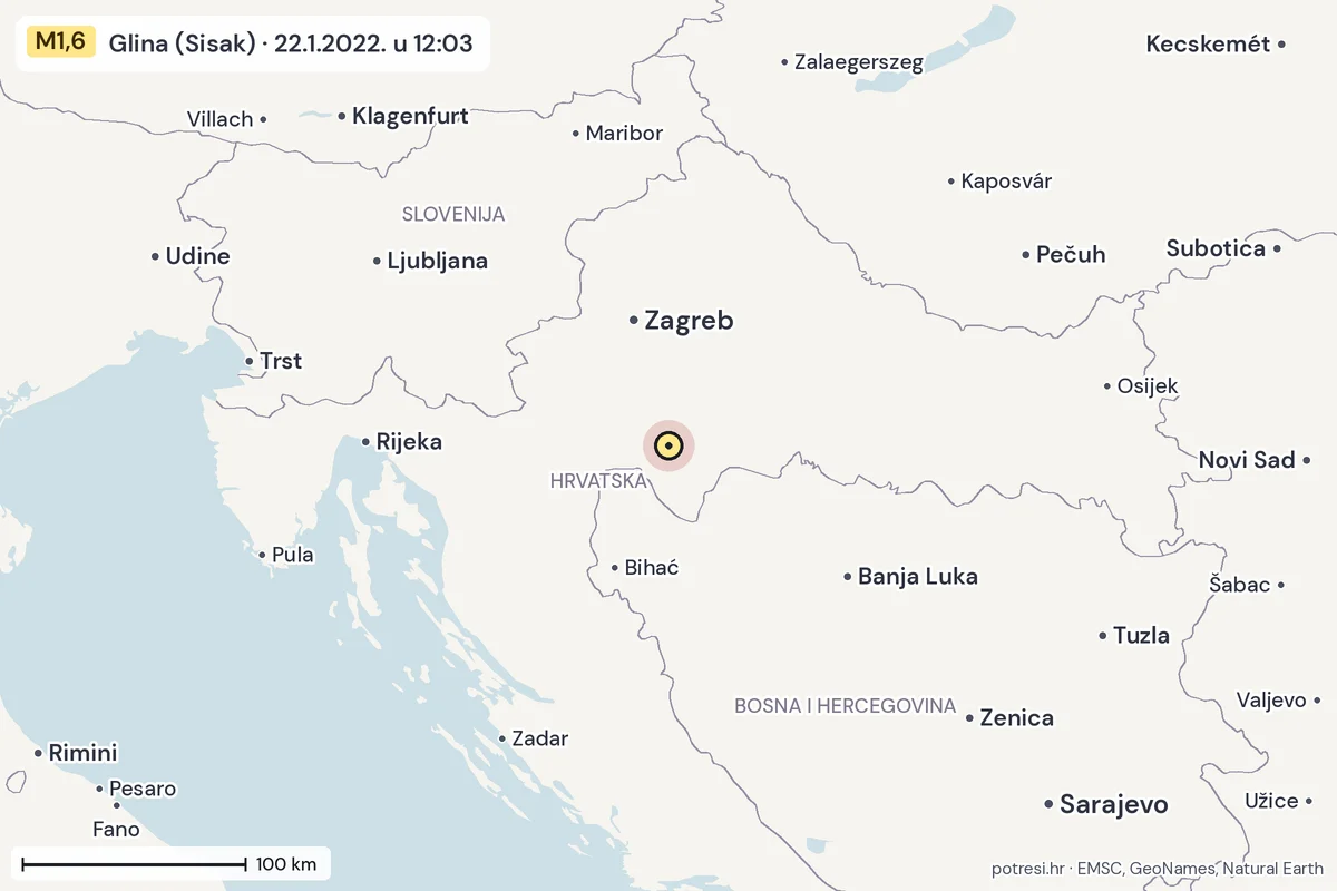 Karta: šire područje, 600 km, potres M1,6, Glina (Sisak), 22.1.2022.