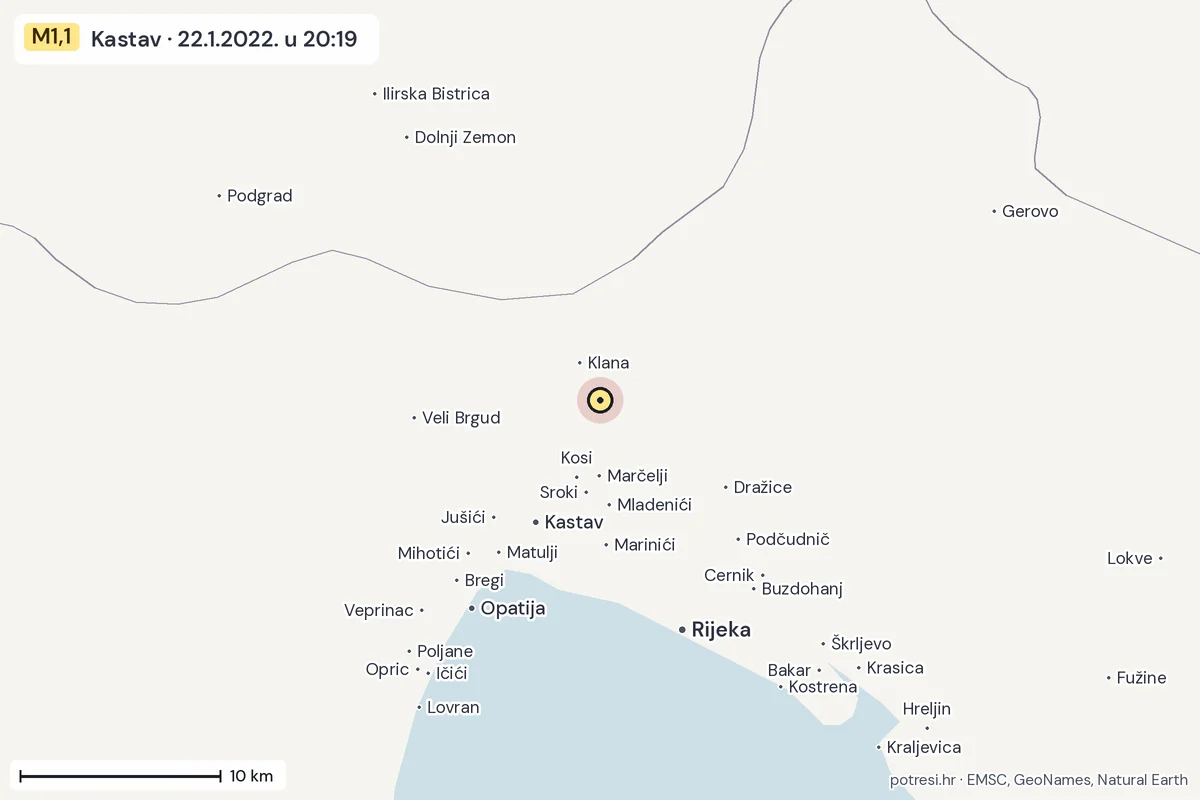 Karta: okolica epicentra, 60 km, potres M1,1, Kastav, 22.1.2022.