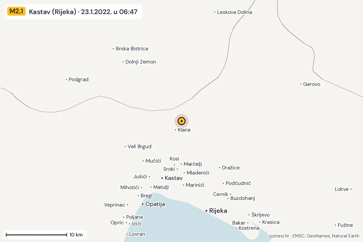 Karta: okolica epicentra, 60 km, potres M2,1, Kastav (Rijeka), 23.1.2022.