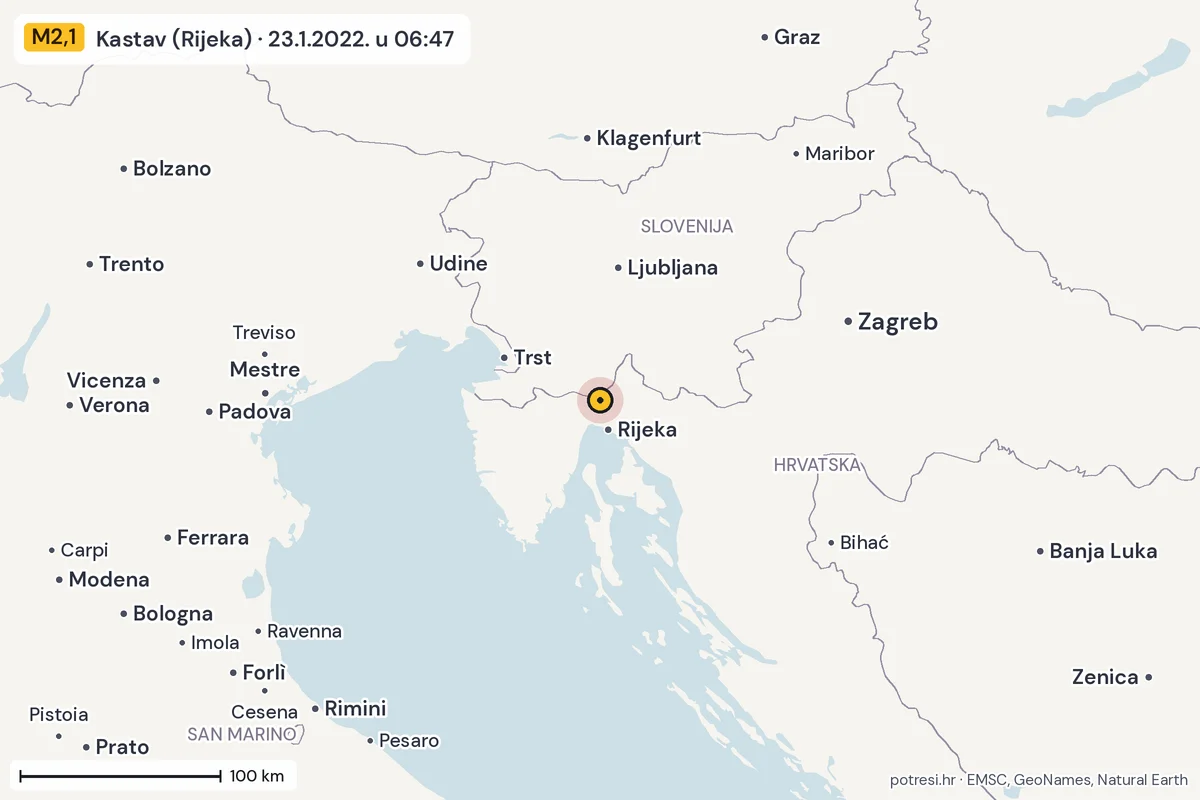 Karta: šire područje, 600 km, potres M2,1, Kastav (Rijeka), 23.1.2022.