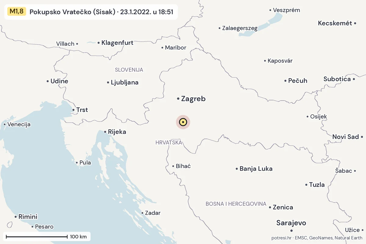 Karta: šire područje, 600 km, potres M1,8, Pokupsko Vratečko (Sisak), 23.1.2022.