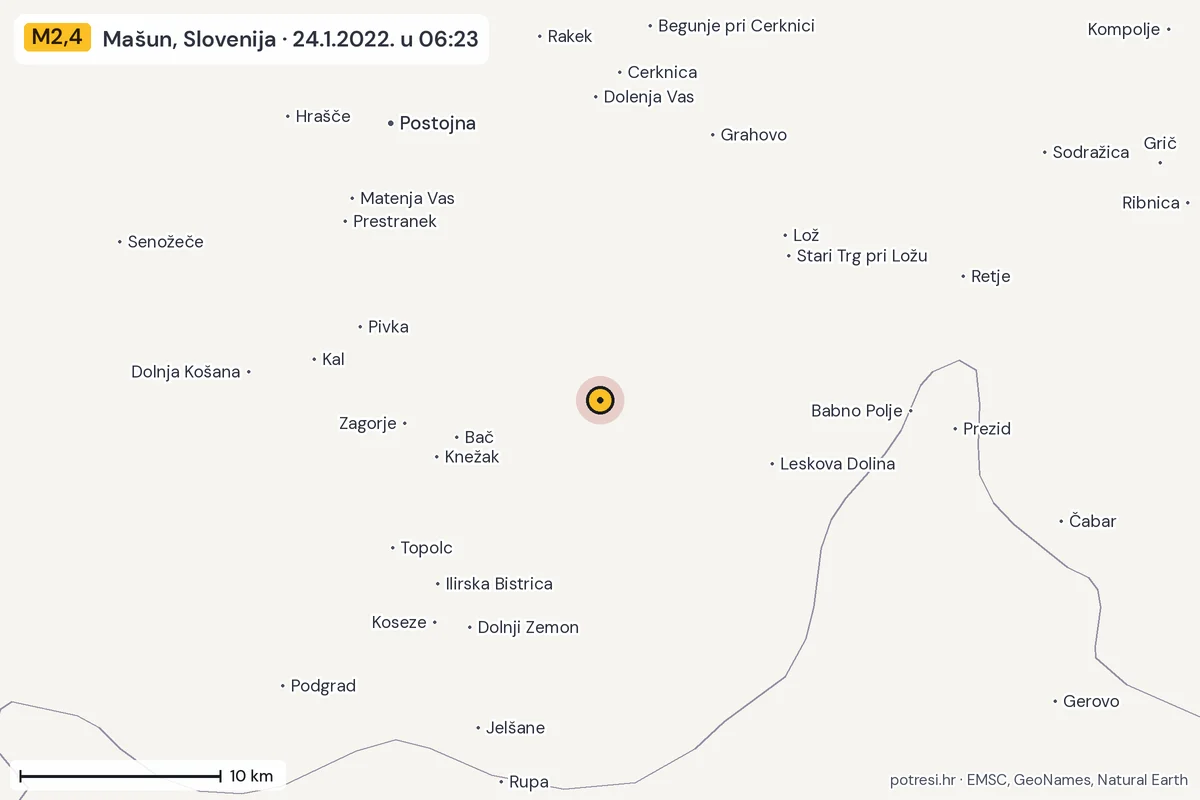 Karta: okolica epicentra, 60 km, potres M2,4, Mašun, Slovenija, 24.1.2022.