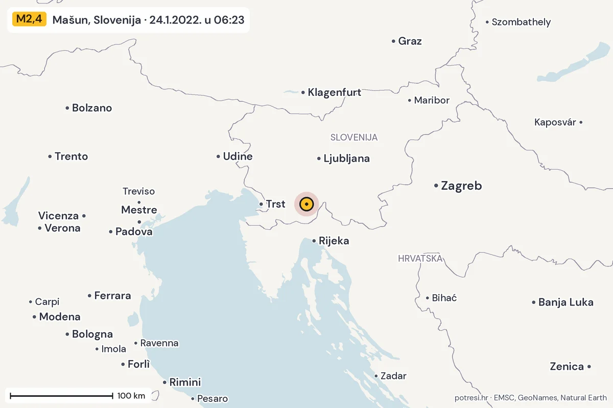 Karta: šire područje, 600 km, potres M2,4, Mašun, Slovenija, 24.1.2022.