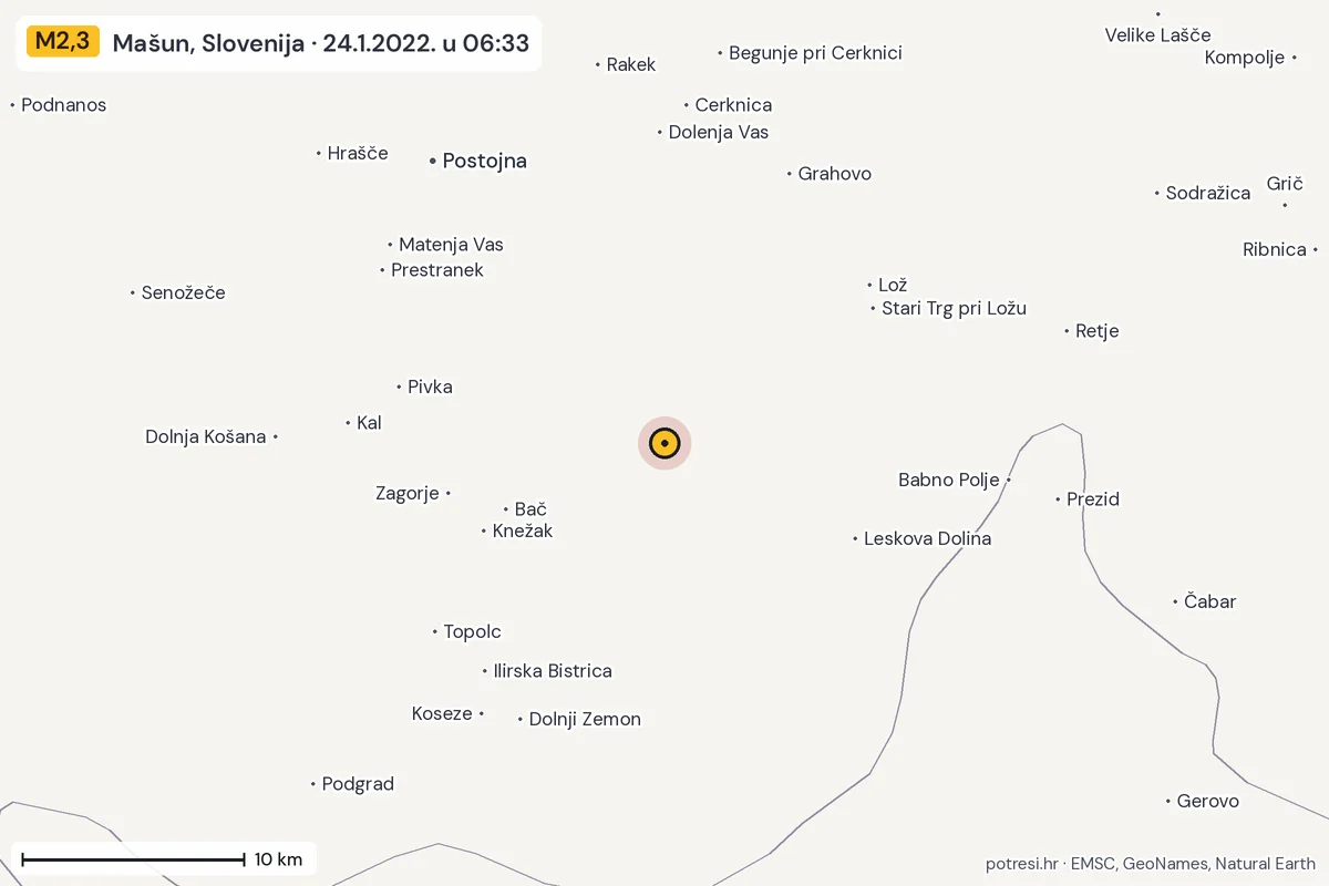 Karta: okolica epicentra, 60 km, potres M2,3, Mašun, Slovenija, 24.1.2022.
