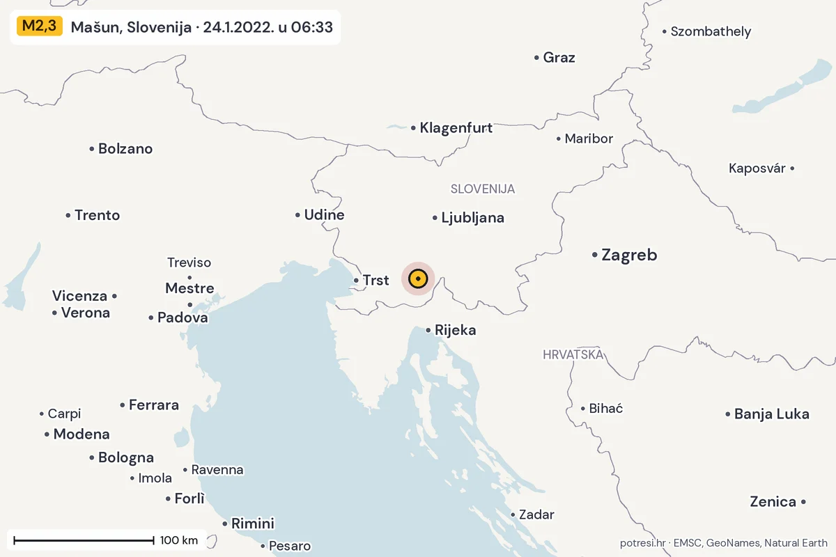 Karta: šire područje, 600 km, potres M2,3, Mašun, Slovenija, 24.1.2022.