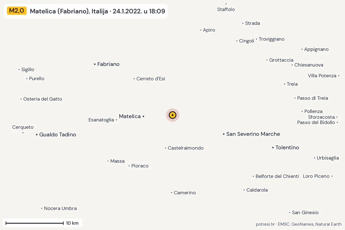 Karta: okolica epicentra, 60 km, potres M2,0, Matelica (Fabriano), Italija, 24.1.2022.