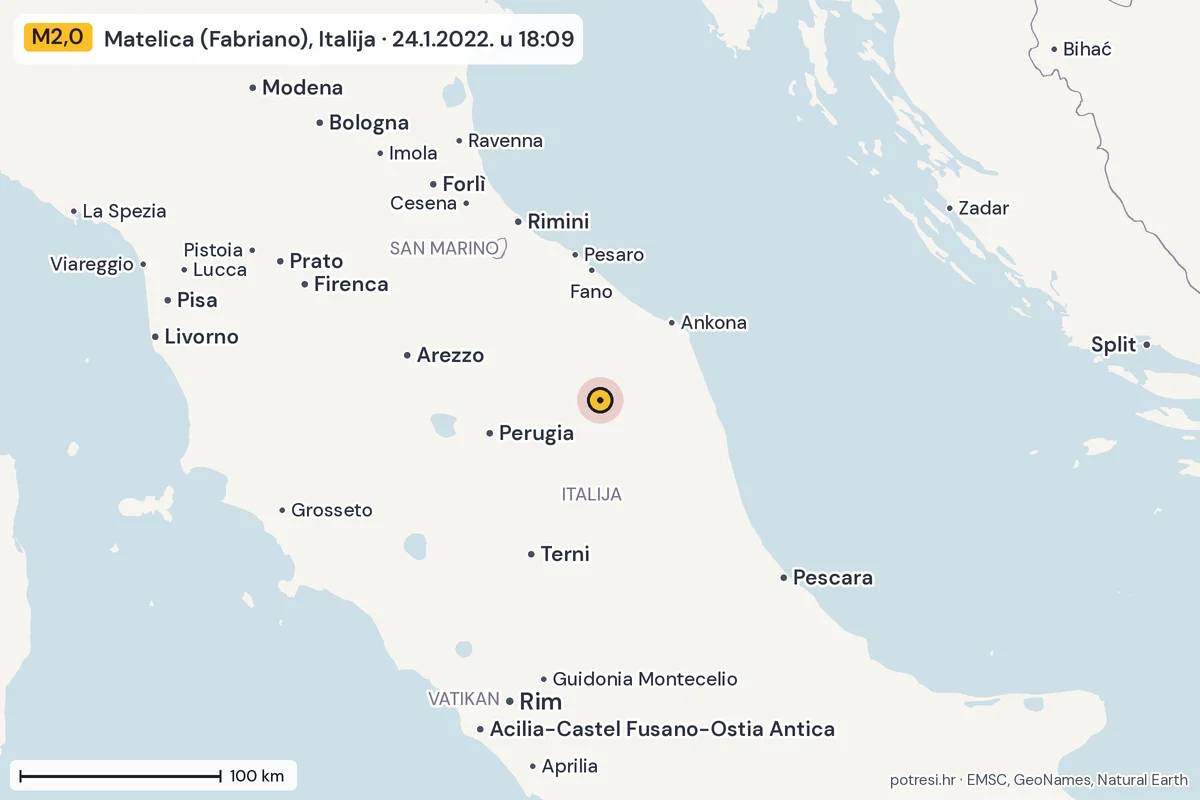 Karta: šire područje, 600 km, potres M2,0, Matelica (Fabriano), Italija, 24.1.2022.