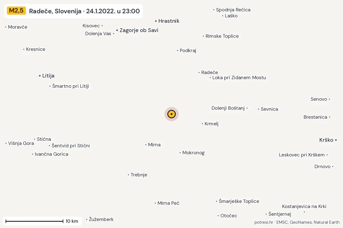 Karta: okolica epicentra, 60 km, potres M2,5, Radeče, Slovenija, 24.1.2022.