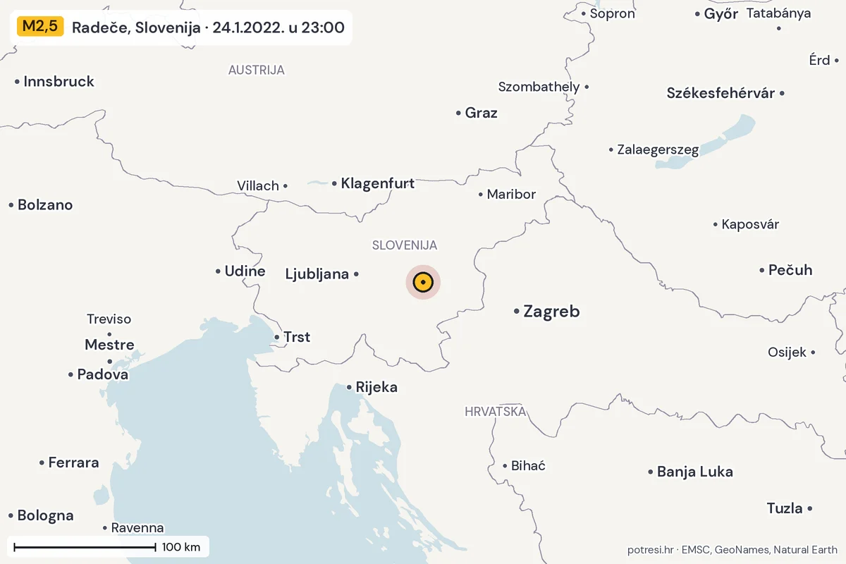 Karta: šire područje, 600 km, potres M2,5, Radeče, Slovenija, 24.1.2022.