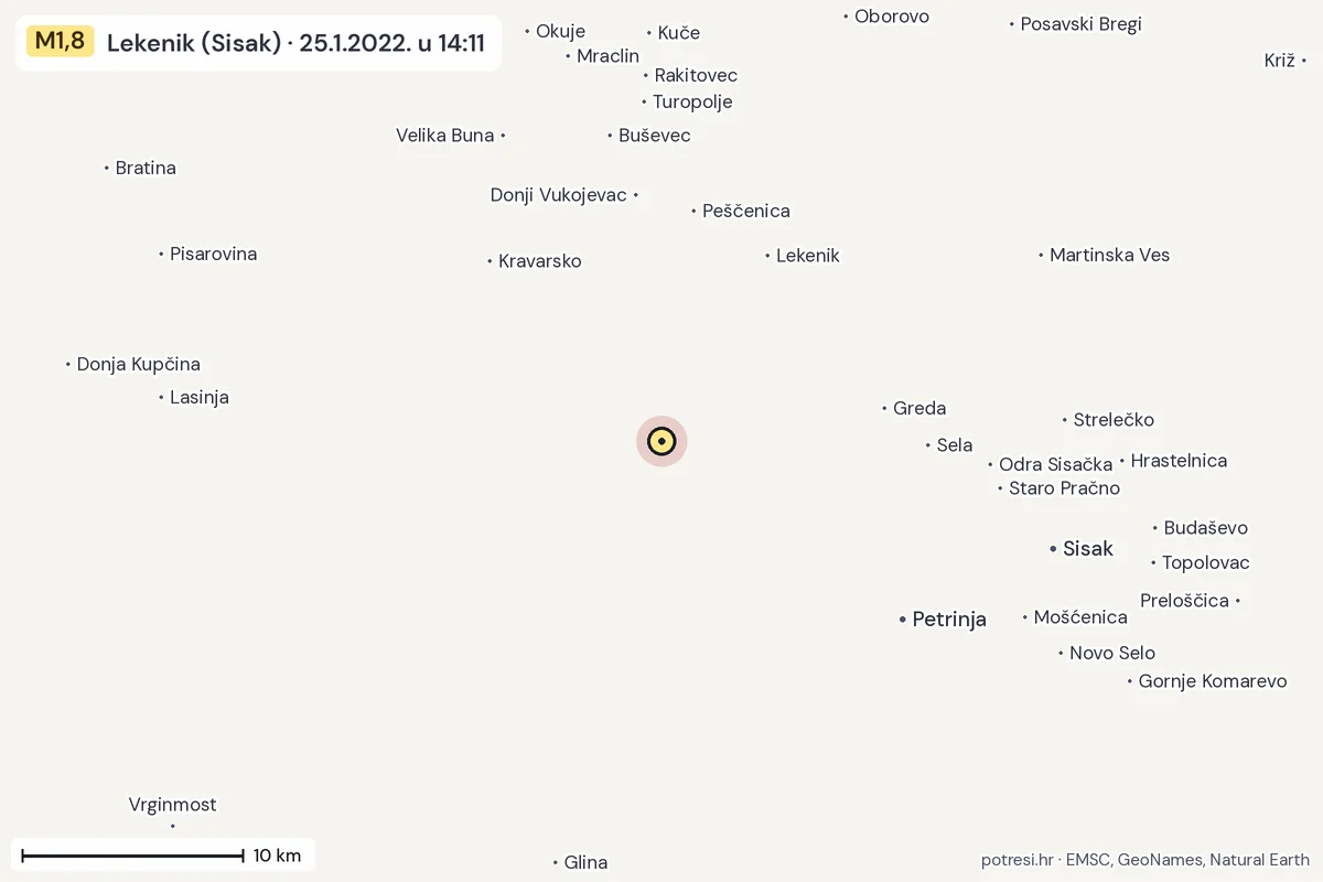 Karta: okolica epicentra, 60 km, potres M1,8, Lekenik (Sisak), 25.1.2022.