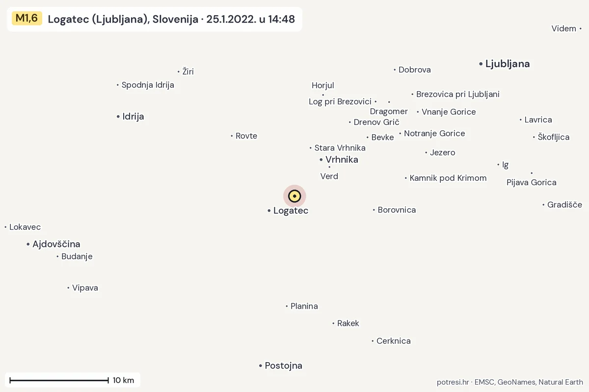 Karta: okolica epicentra, 60 km, potres M1,6, Logatec (Ljubljana), Slovenija, 25.1.2022.