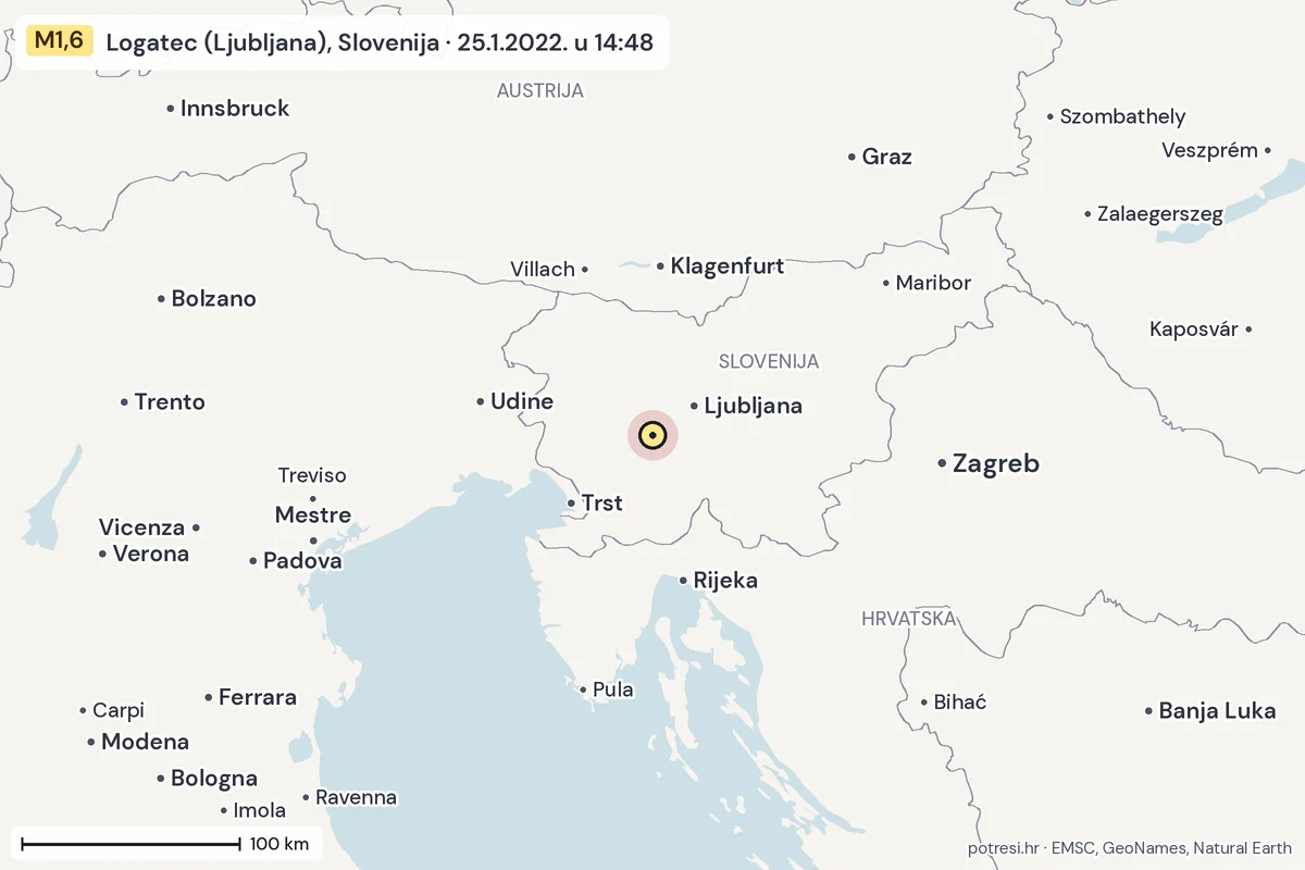 Karta: šire područje, 600 km, potres M1,6, Logatec (Ljubljana), Slovenija, 25.1.2022.