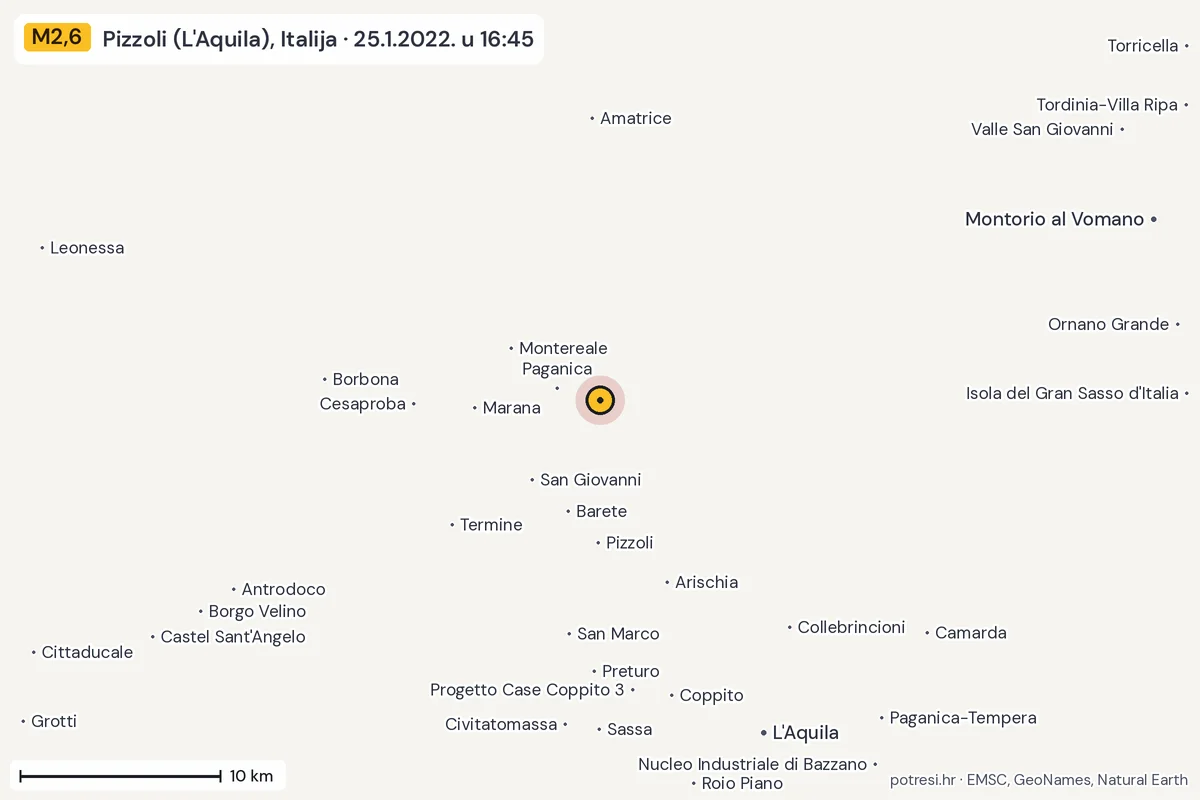 Karta: okolica epicentra, 60 km, potres M2,6, Pizzoli (L'Aquila), Italija, 25.1.2022.