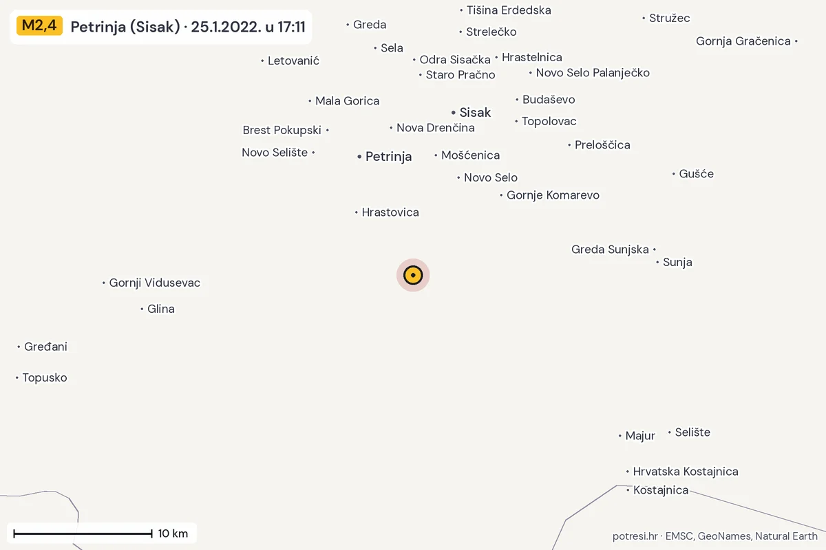 Karta: okolica epicentra, 60 km, potres M2,4, Petrinja (Sisak), 25.1.2022.