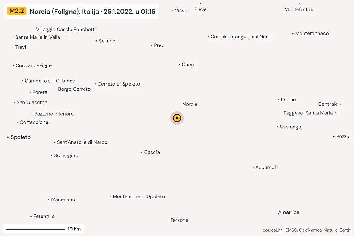 Karta: okolica epicentra, 60 km, potres M2,2, Norcia (Foligno), Italija, 26.1.2022.