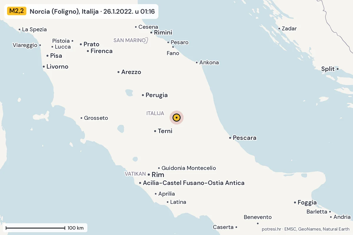 Karta: šire područje, 600 km, potres M2,2, Norcia (Foligno), Italija, 26.1.2022.