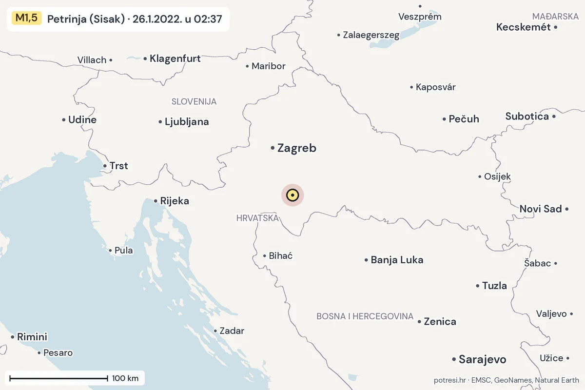 Karta: šire područje, 600 km, potres M1,5, Petrinja (Sisak), 26.1.2022.