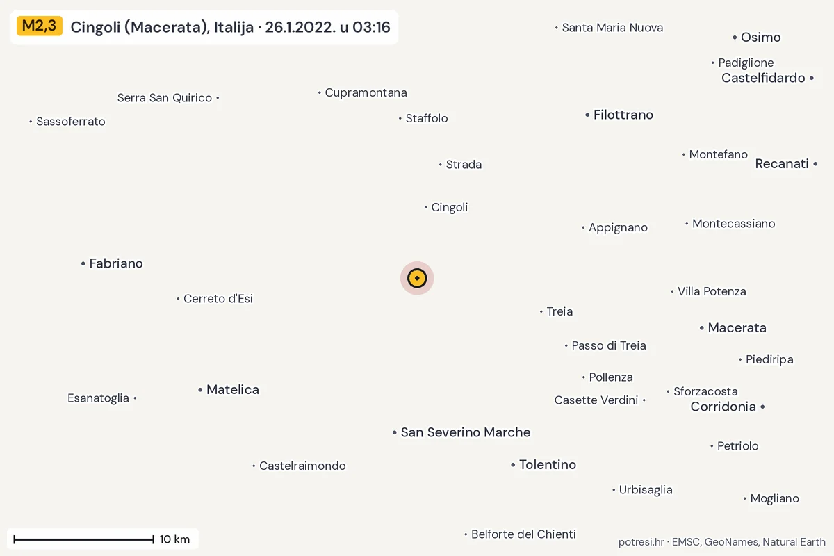 Karta: okolica epicentra, 60 km, potres M2,3, Cingoli (Macerata), Italija, 26.1.2022.