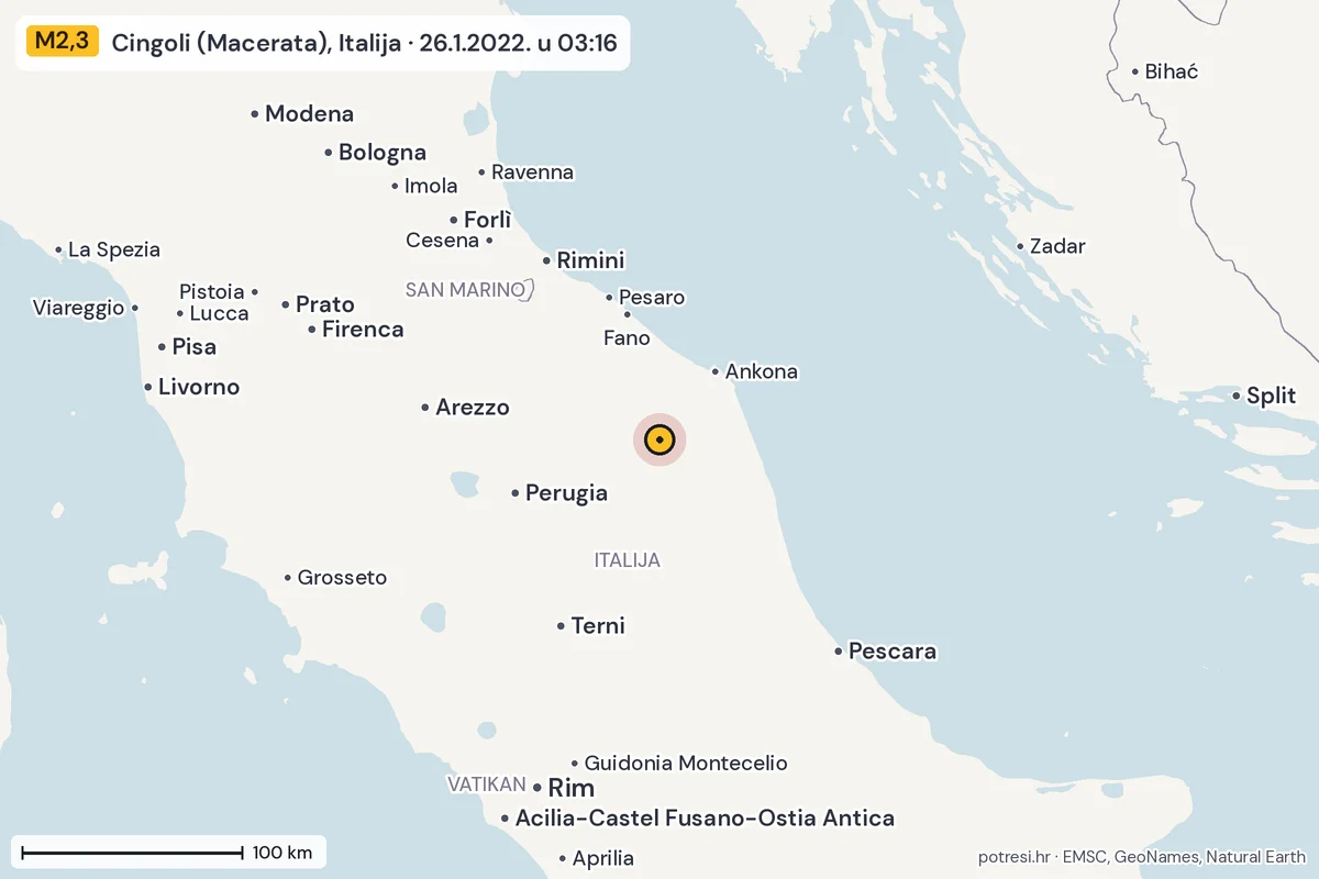 Karta: šire područje, 600 km, potres M2,3, Cingoli (Macerata), Italija, 26.1.2022.