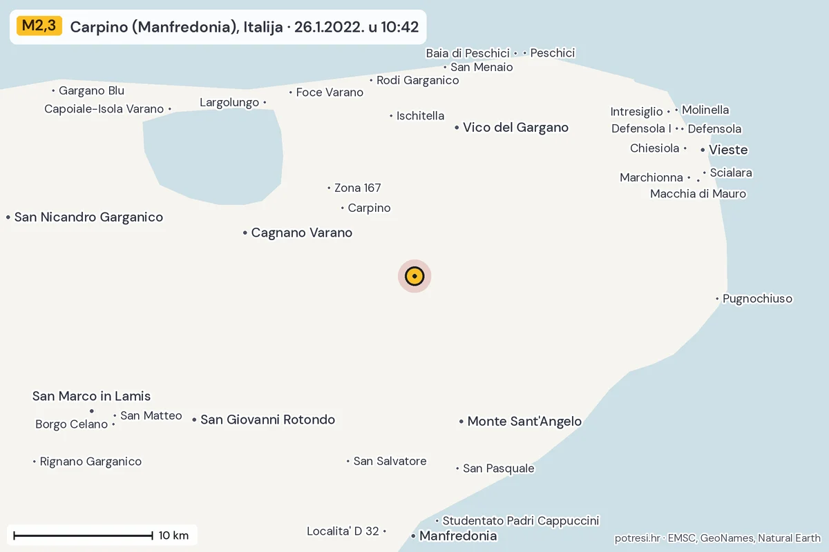 Karta: okolica epicentra, 60 km, potres M2,3, Carpino (Manfredonia), Italija, 26.1.2022.