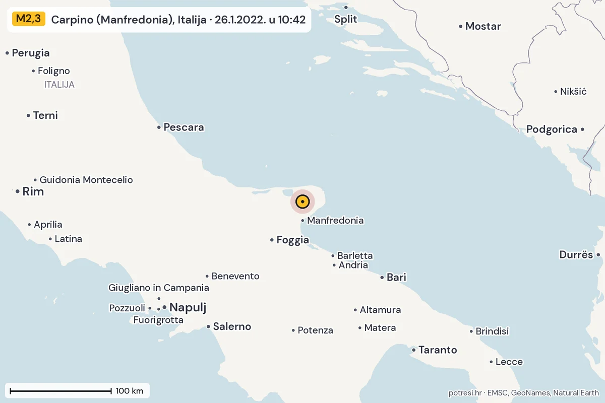 Karta: šire područje, 600 km, potres M2,3, Carpino (Manfredonia), Italija, 26.1.2022.