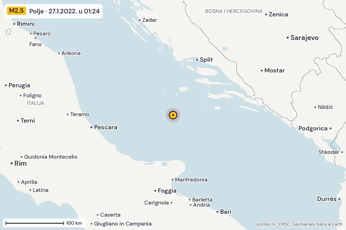 Karta: šire područje, 600 km, potres M2,5, Polje, 27.1.2022.