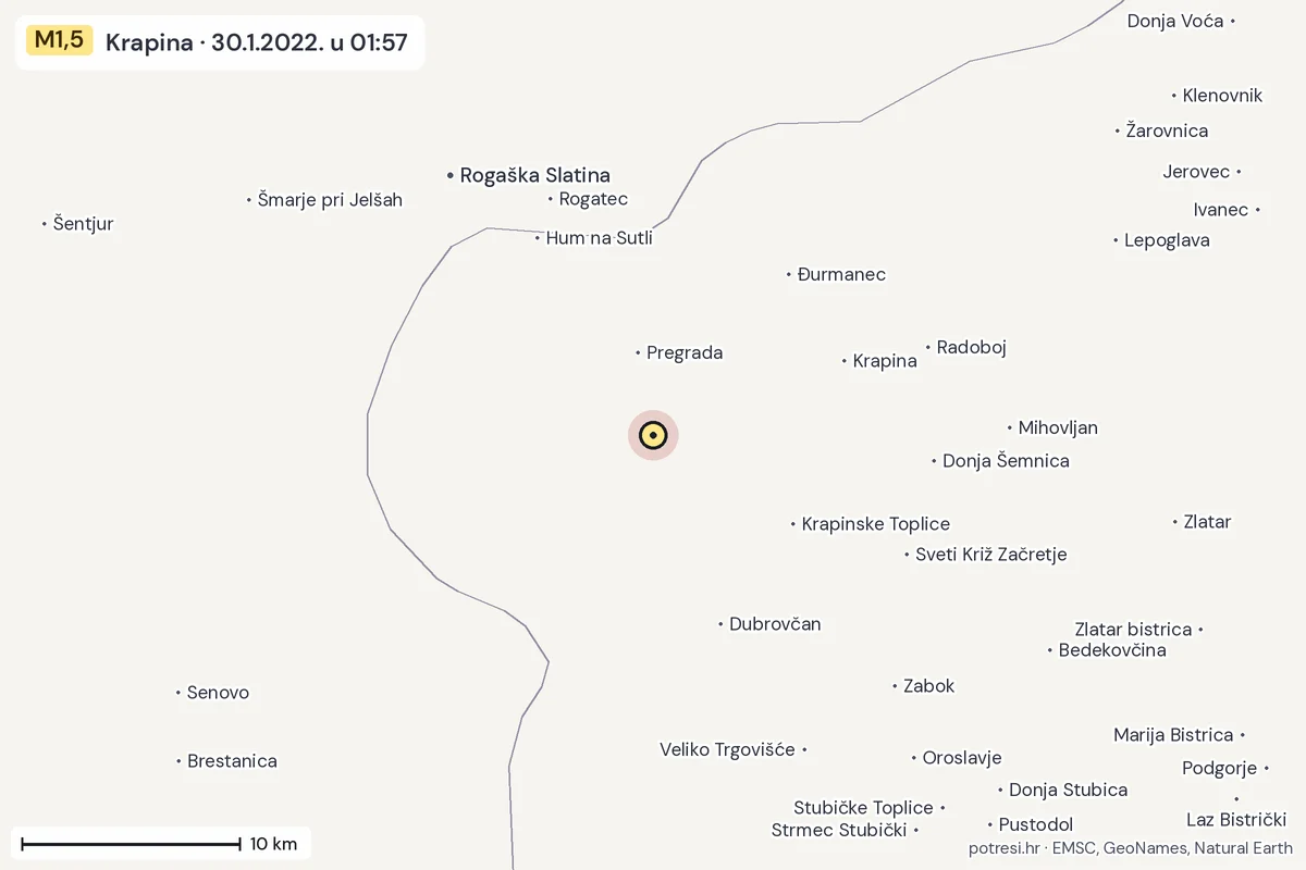 Karta: okolica epicentra, 60 km, potres M1,5, Krapina, 30.1.2022.