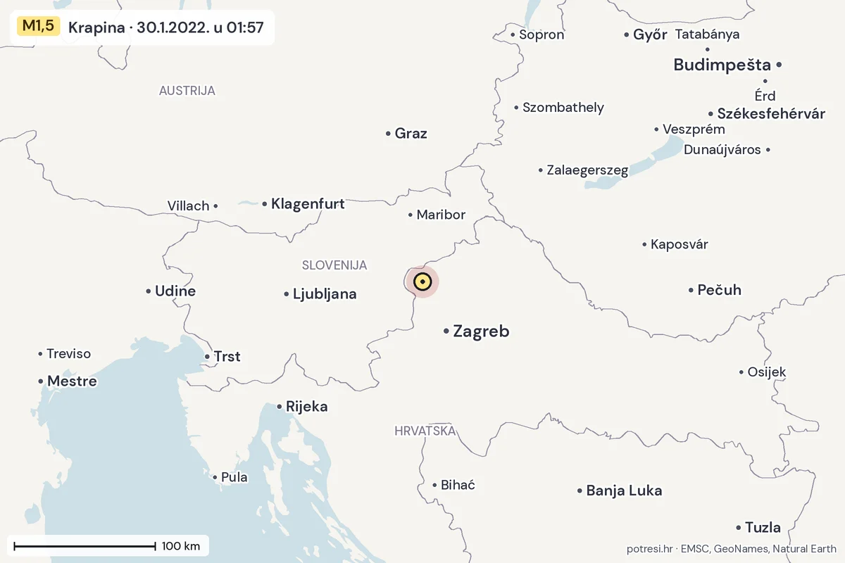 Karta: šire područje, 600 km, potres M1,5, Krapina, 30.1.2022.