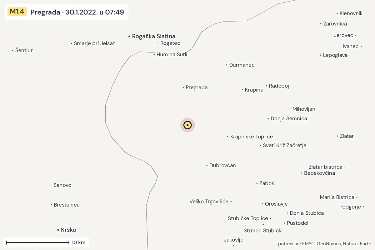 Karta: okolica epicentra, 60 km, potres M1,4, Pregrada, 30.1.2022.