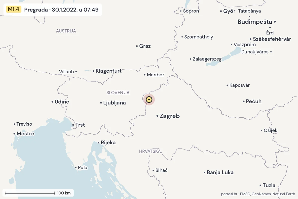 Karta: šire područje, 600 km, potres M1,4, Pregrada, 30.1.2022.