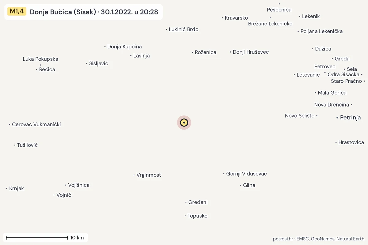 Karta: okolica epicentra, 60 km, potres M1,4, Donja Bučica (Sisak), 30.1.2022.