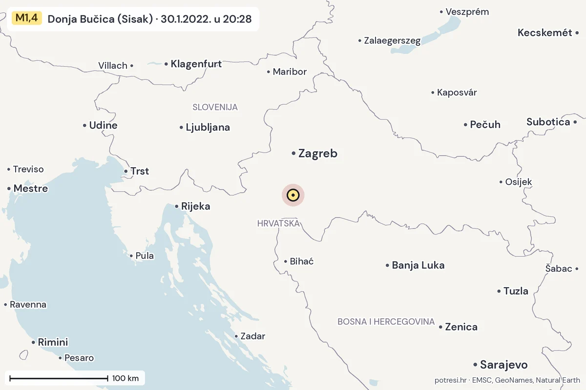 Karta: šire područje, 600 km, potres M1,4, Donja Bučica (Sisak), 30.1.2022.