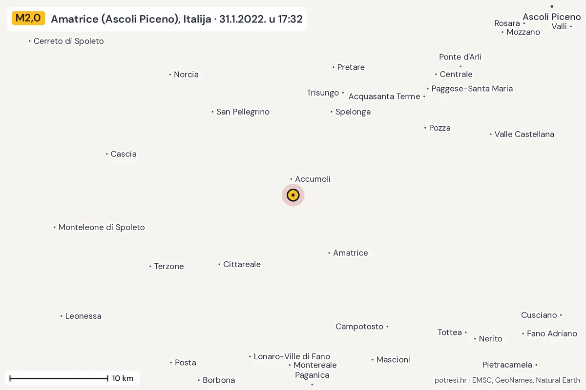 Karta: okolica epicentra, 60 km, potres M2,0, Amatrice (Ascoli Piceno), Italija, 31.1.2022.